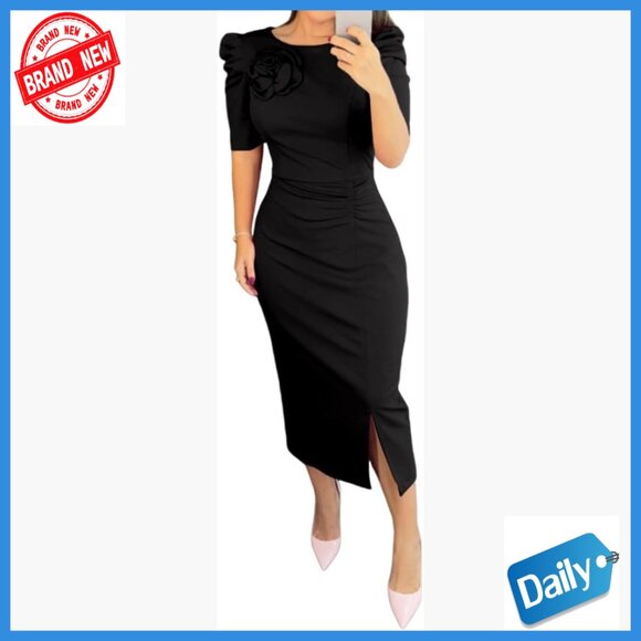 Bodycon Midi Dress Puff Sleeve Ruched Cocktail Work Pencil Dress